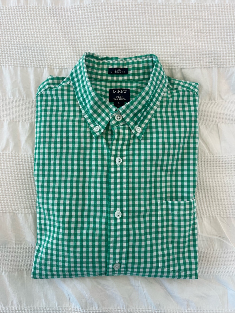 J. Crew Slim Untucked Green and White Gingham Button-Down Shirt - Large